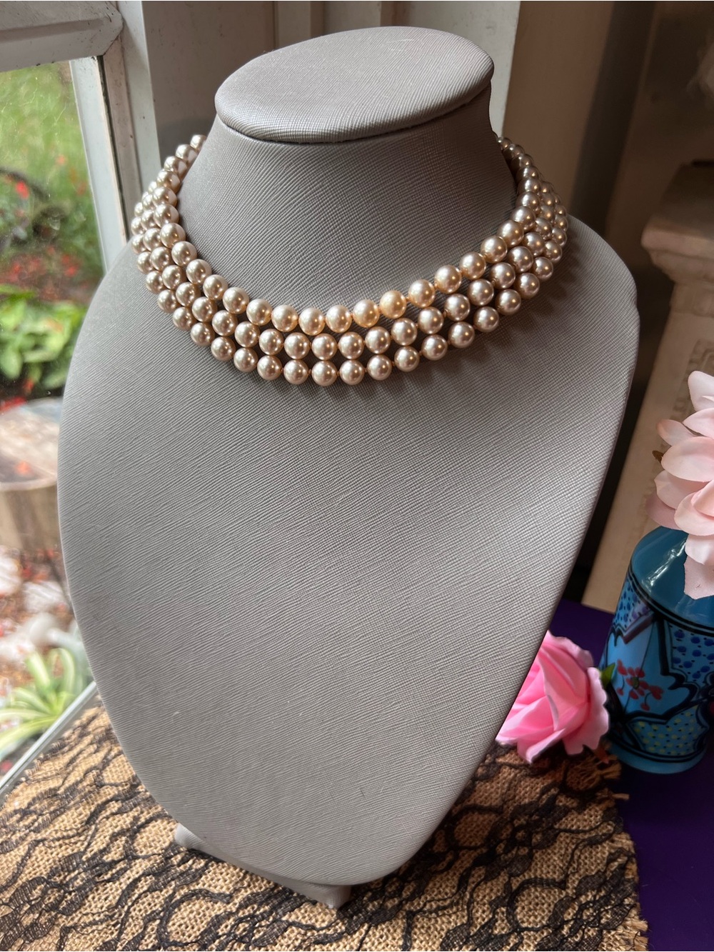 Vintage Champagne Pearl Triple-Strand Choker Necklace Read Below